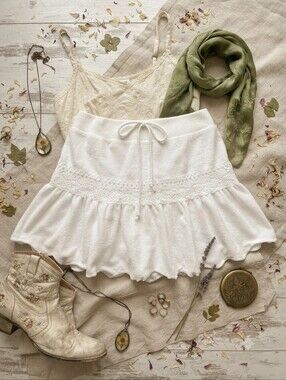 90s Y2K Absolutely White Terry Cloth Crochet Lace Drawstring Waist Mini Skirt